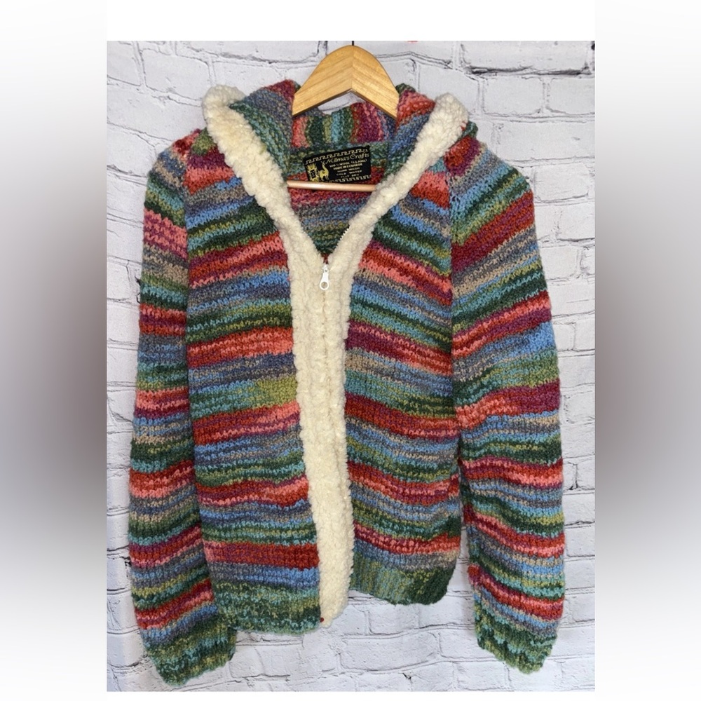 Milma’s Crafts Sweater Multicolor 100% Wool Llama Hooded Full Zip Hoodie Boho